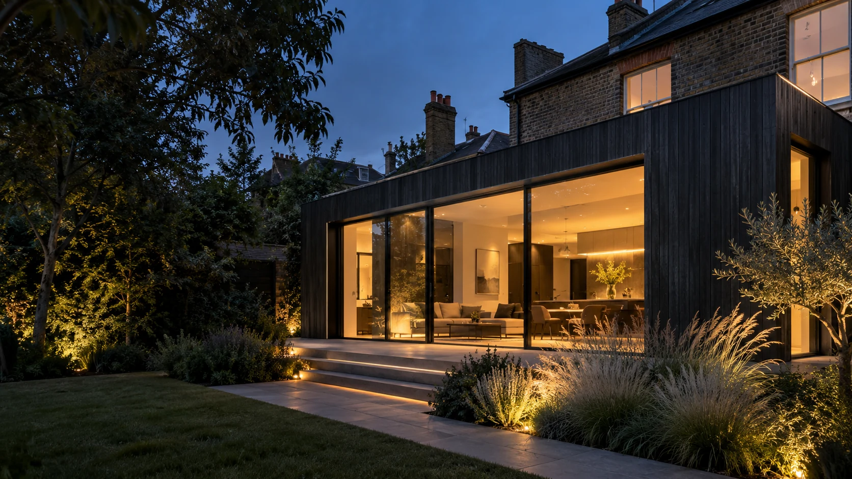 Architectural concept of a contemporary home extension, warmly lit at dusk